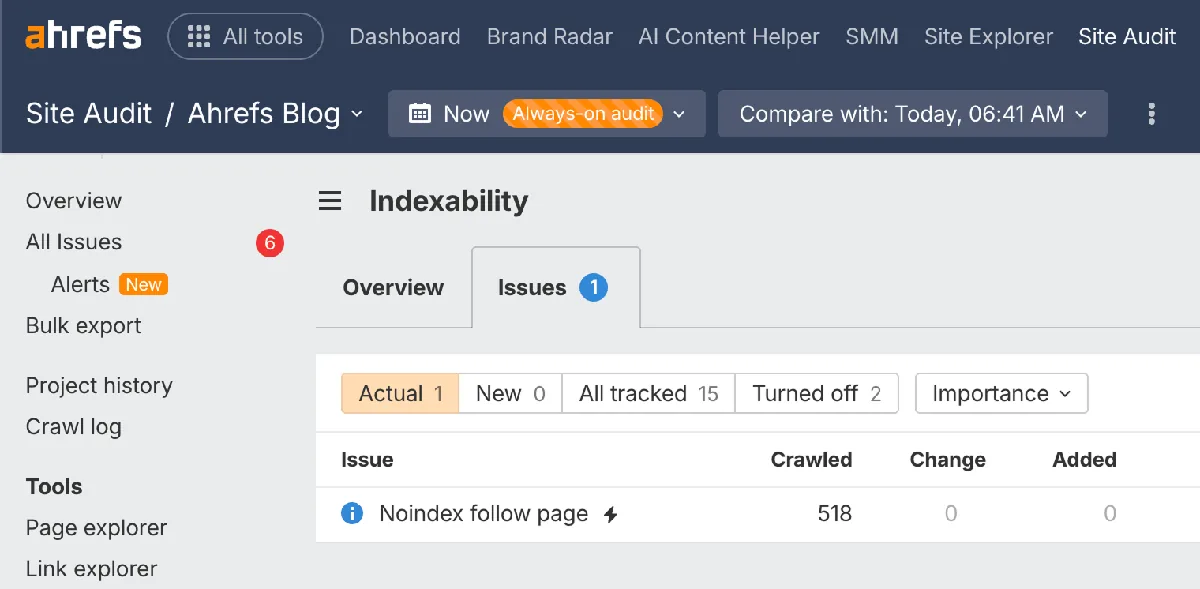 在 Ahrefs 的 Site Audit 中查找被 noindex 的页面