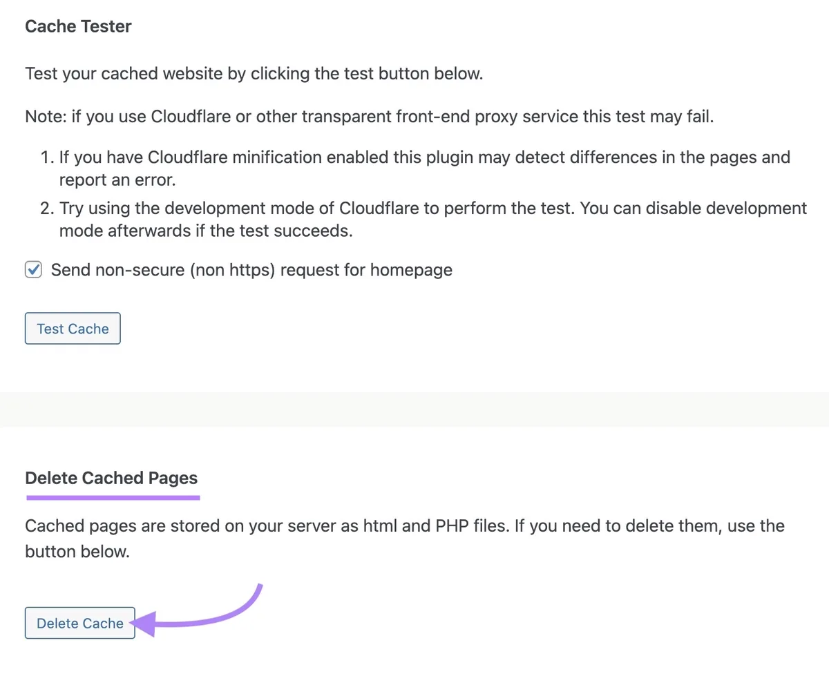 在 WordPress 上，点击“Delete Cached Pages”区块中的“Delete Cache”按钮。