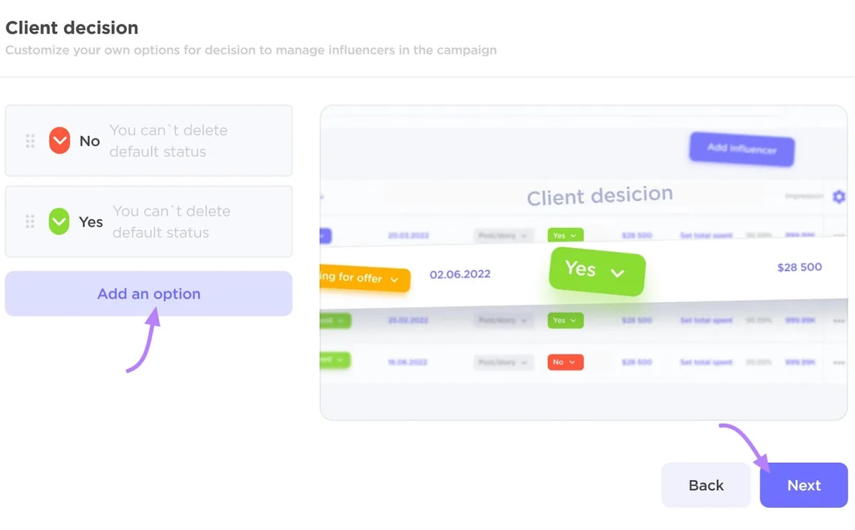 Influencer Analytics 界面，展示客户决策选项，带有添加选项和向前导航的按钮。