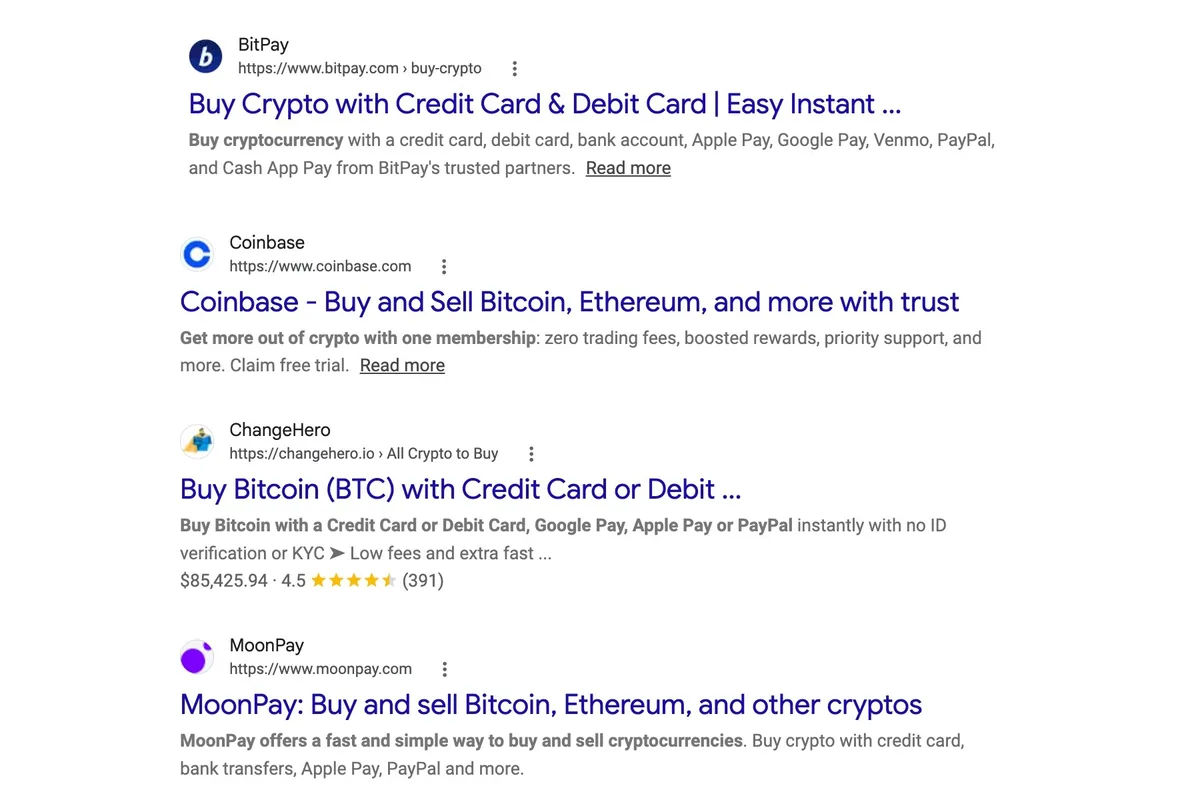 词条“buy crypto online”的 Google 搜索结果页面,展示用户可直接购买加密货币的页面。