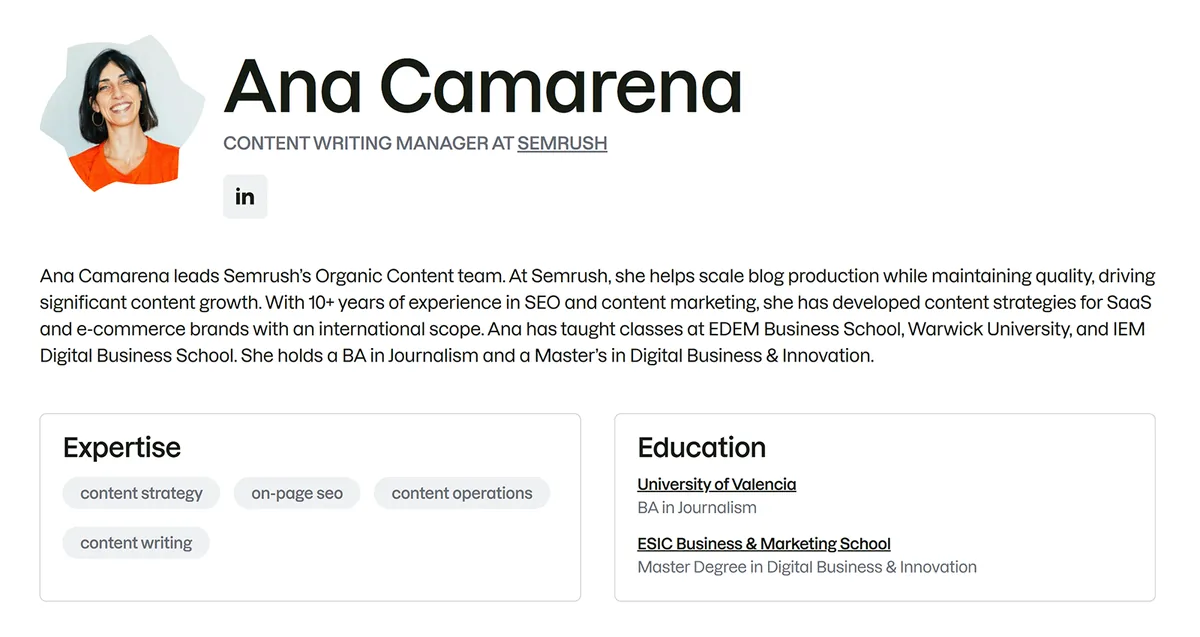 Semrush 作者资料页 Ana Camarena,显示其职务、简介、专长和教育背景