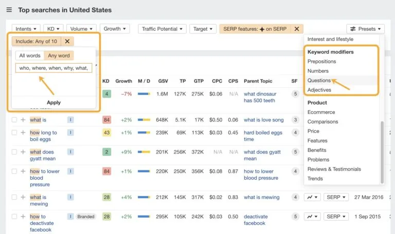 如何使用 Keywords Explorer 中的问题预设，在 Ahrefs 中查找基于问题的关键词