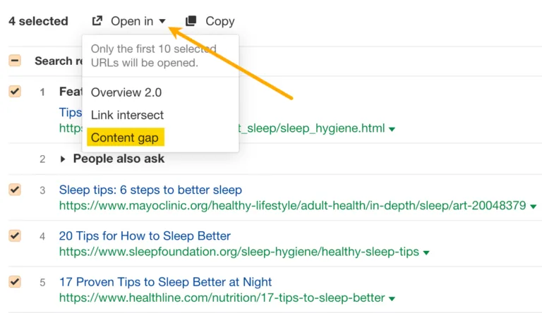 Ahrefs Keywords Explorer 中的 “Open in content gap” 功能
