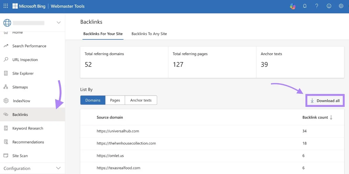 Bing Webmaster Tools 上的“Backlinks”报告,“Download all”按钮被突出显示。