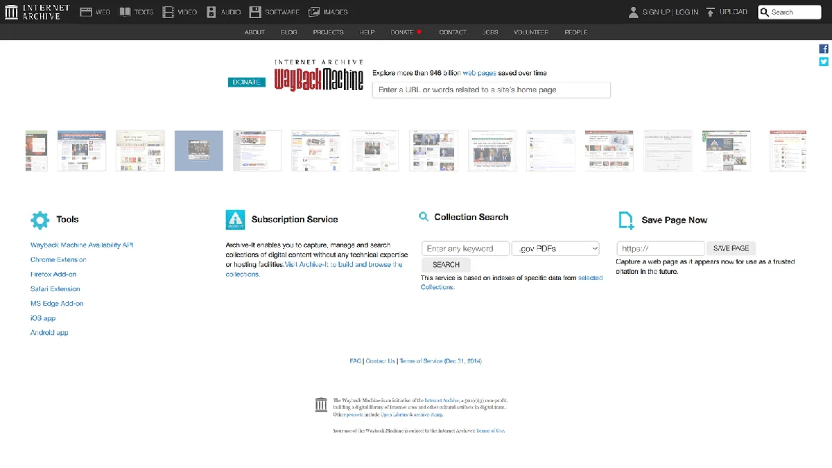 Internet Archive 的 Wayback Machine 首页,包含搜索栏、过往网站缩略图以及保存或浏览页面的选项。