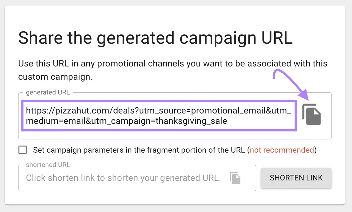 Google 的 Campaign URL Builder 上自定义生成的 URL,复制图标高亮显示