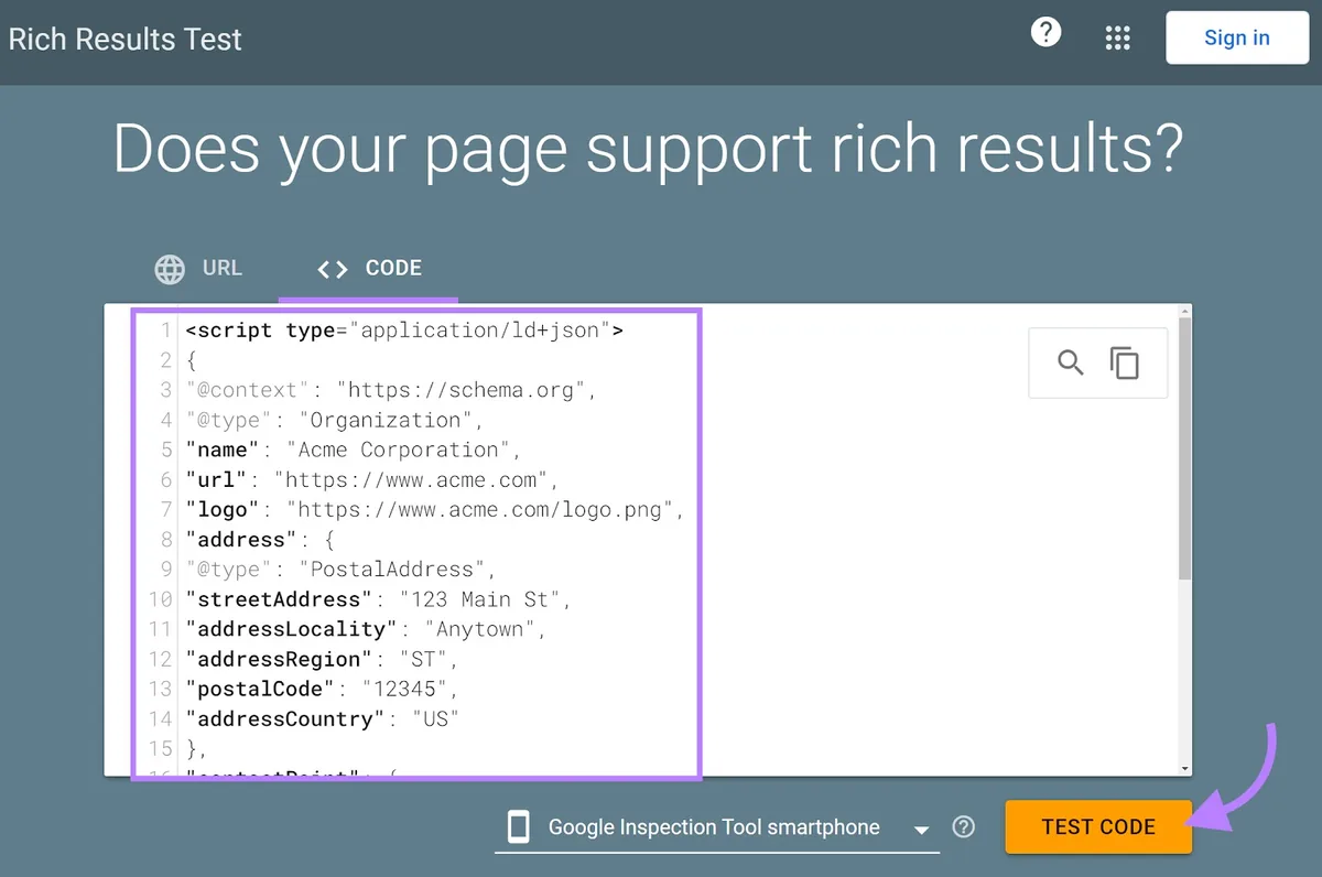 Google Rich Results Test 工具的 Code 标签页,脚本代码和 Test Code 按钮被突出显示。