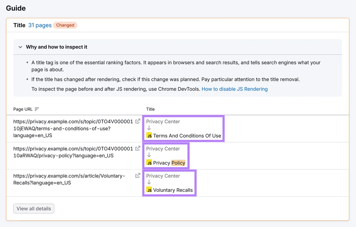 Semrush JS Impact 指南显示 JavaScript 在渲染后更改了页面标题的页面