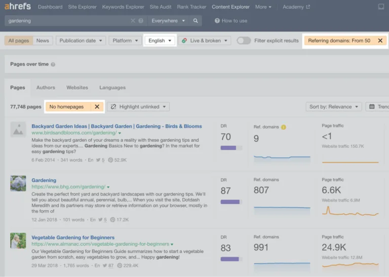 Ahrefs Content Explorer 中 “gardening” 的搜索,带筛选器