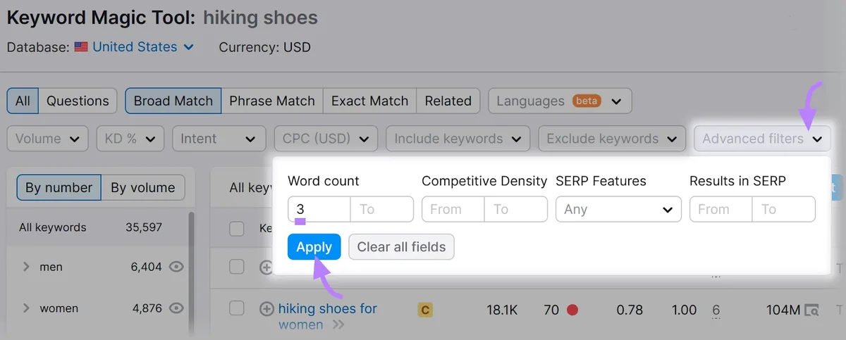 Keyword Magic Tool 中的“高级筛选器”版块