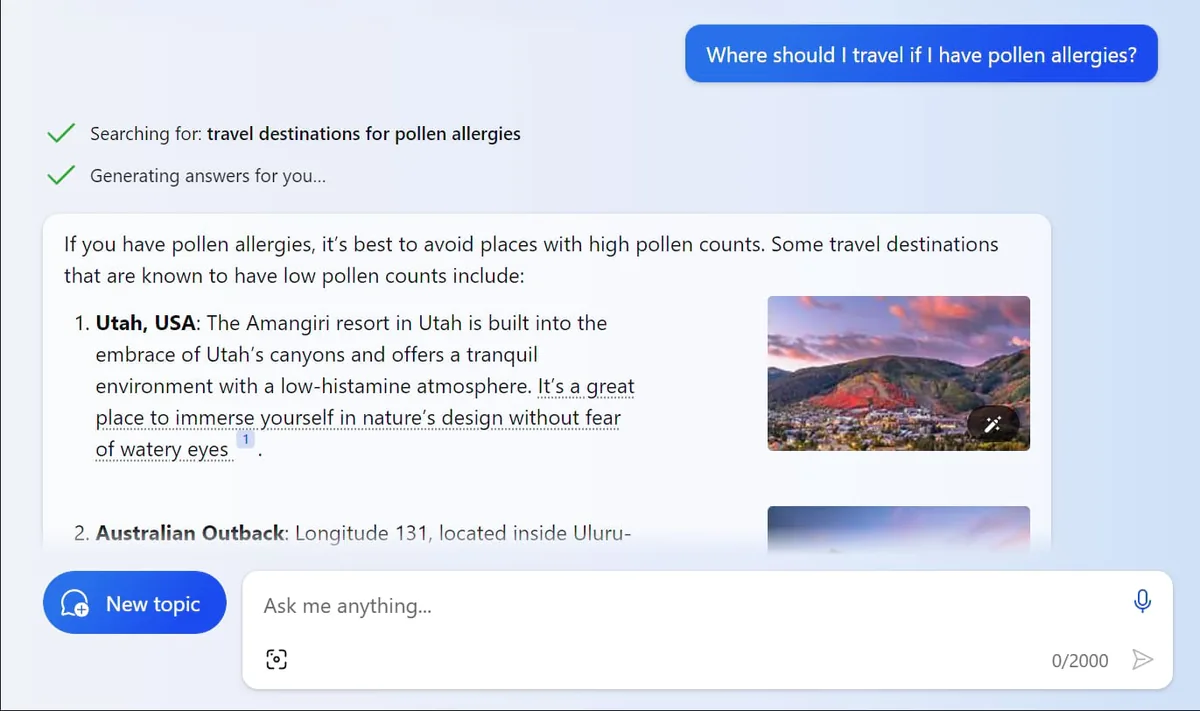Bing Chat 对“Where should I travel if I have pollen allergies?”的回答