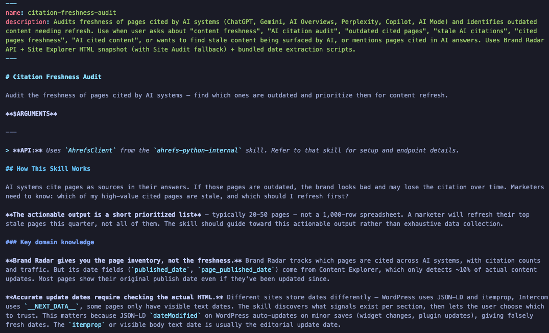 一个“citation-freshness-audit(引用新鲜度审计)”技能的 Markdown 文件的代码式视图。其中包含通俗易懂的说明和元数据,定义 AI 应如何审计被 AI 系统引用的页面,以识别过时内容。