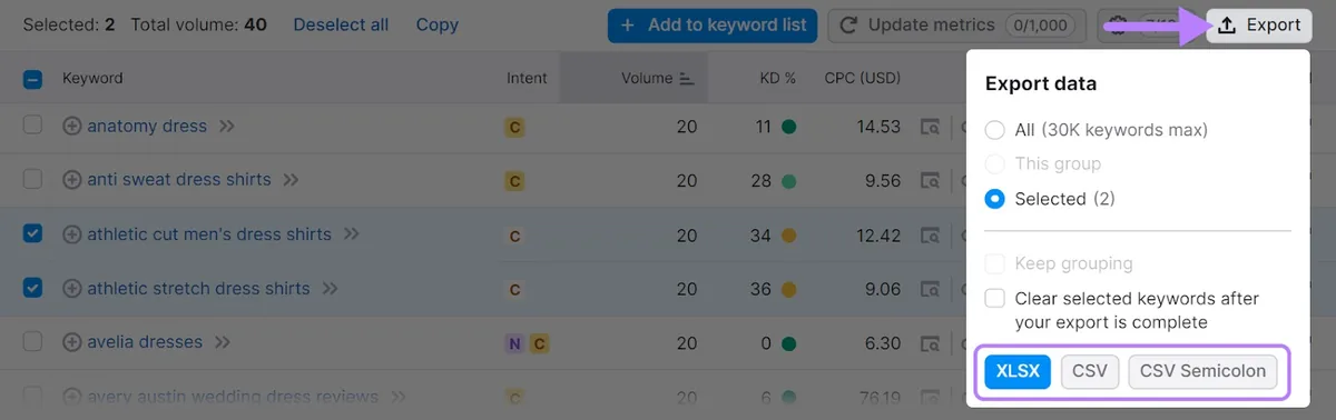 “Export data”下拉菜单下突出显示的“XLSX”、“CSV”和“CSV Semicolon”选项