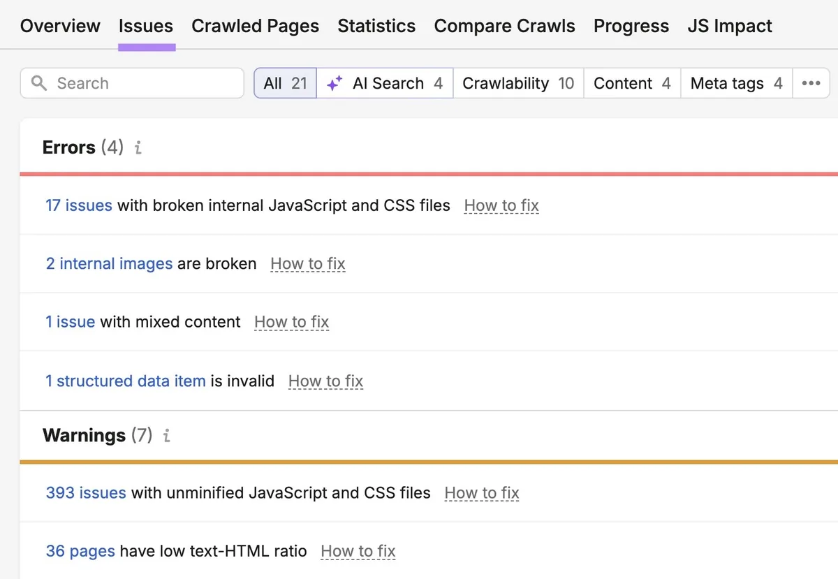 Site Audit 上的“Issues”标签页，显示归类为错误、警告和提示的站点问题。