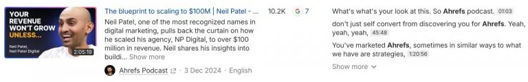 YouTube 视频缩略图,显示 Neil Patel 和文字“YOUR REVENUE WON'T GROW UNLESS...”。视频信息显示标题关于扩张到 1 亿美元,播放量 10.2K,7 条评论,时长 2:05:19。