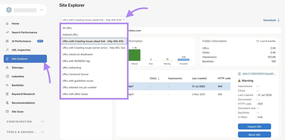 Bing Webmaster Tools 上 Site Explorer 标签页中展开的问题下拉菜单。