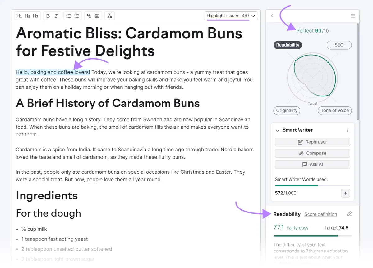 SEO 写作助手对题为“Aromatic Bliss: Cardamom Buns for Festive Delights”的文章的建议示例
