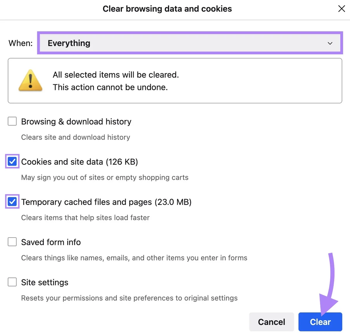 Firefox 上的“Clear browsing data and cookies”窗口，选中了 Cookies 和站点数据以及临时缓存文件和页面。