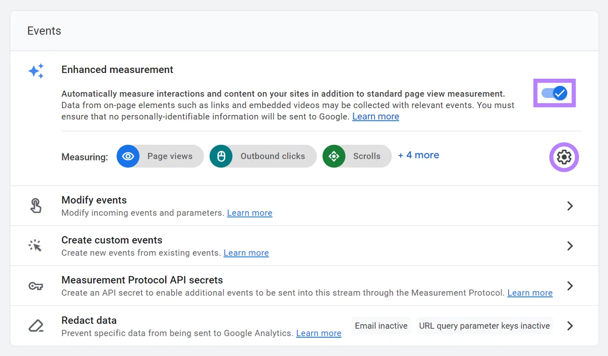 Google Analytics 数据流设置,增强衡量开关已高亮显示。