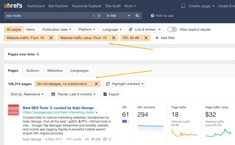在 Ahrefs Content Explorer 中应用筛选器