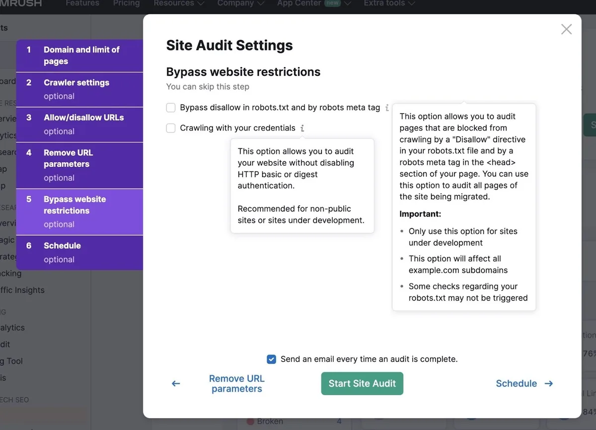 Site Audit 上的绕过网站限制设置页面,用于绕过 robots.txt 中的禁止规则或使用你的凭据抓取。