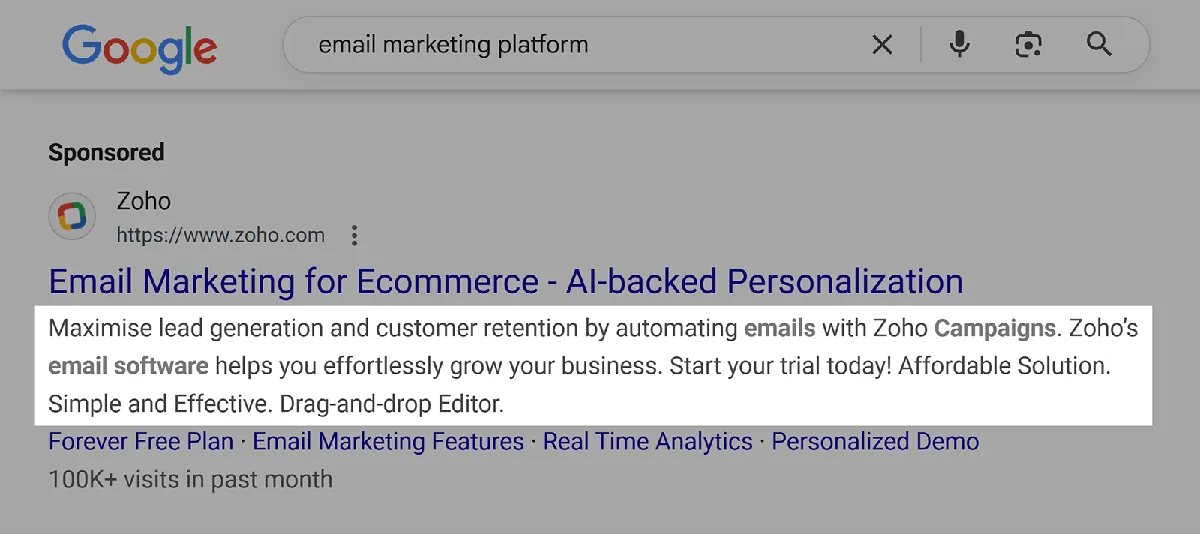 email marketing platform 搜索广告的 Google 广告描述已高亮显示。