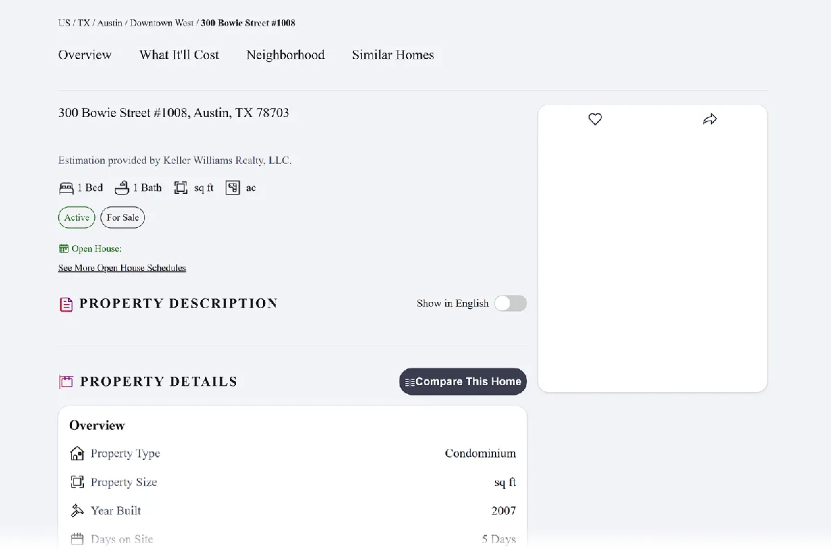 KW 房产列表页面,因禁用 JavaScript 而缺少价格和图片。