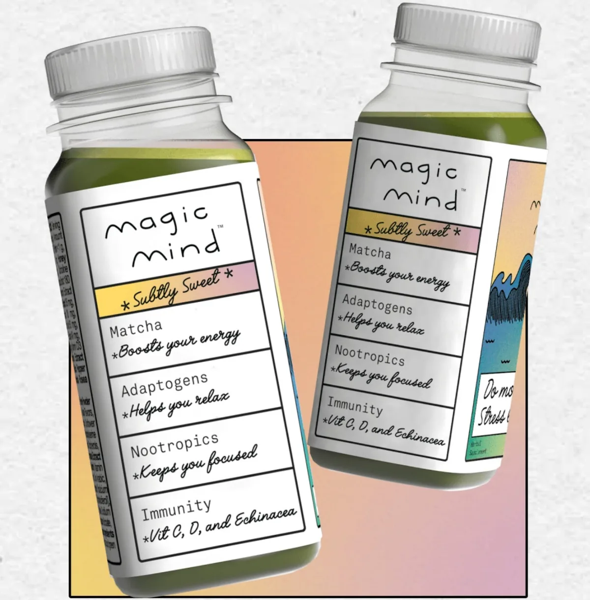 两瓶 Magic Mind 效率饮品，带有标签和有关产品益处的文字。