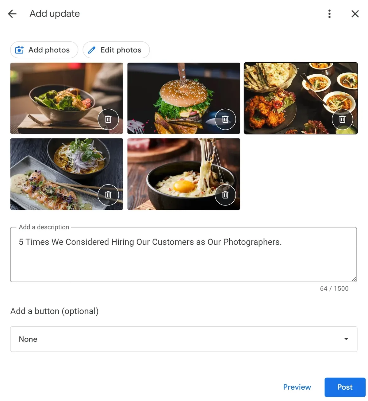 使用 UGC 创建 GBP 更新,描述为“5 Times We Considered Hiring Our Customers as Our Photographers”