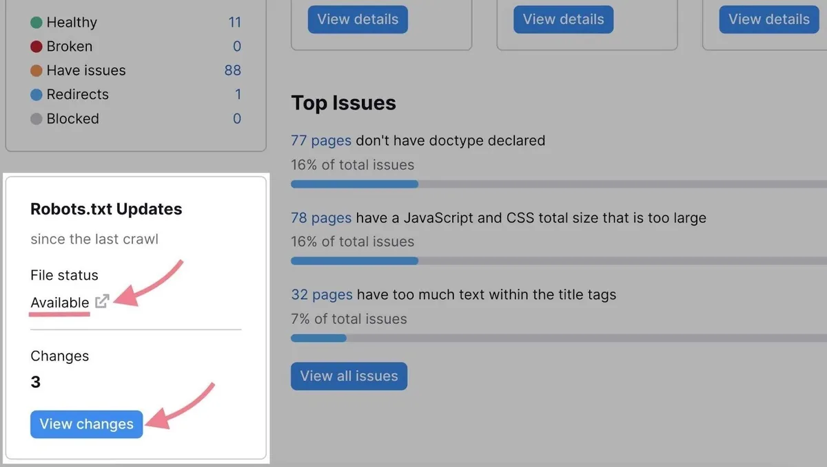 突出显示的“Robots.txt Updates”框，点击了“View changes”按钮