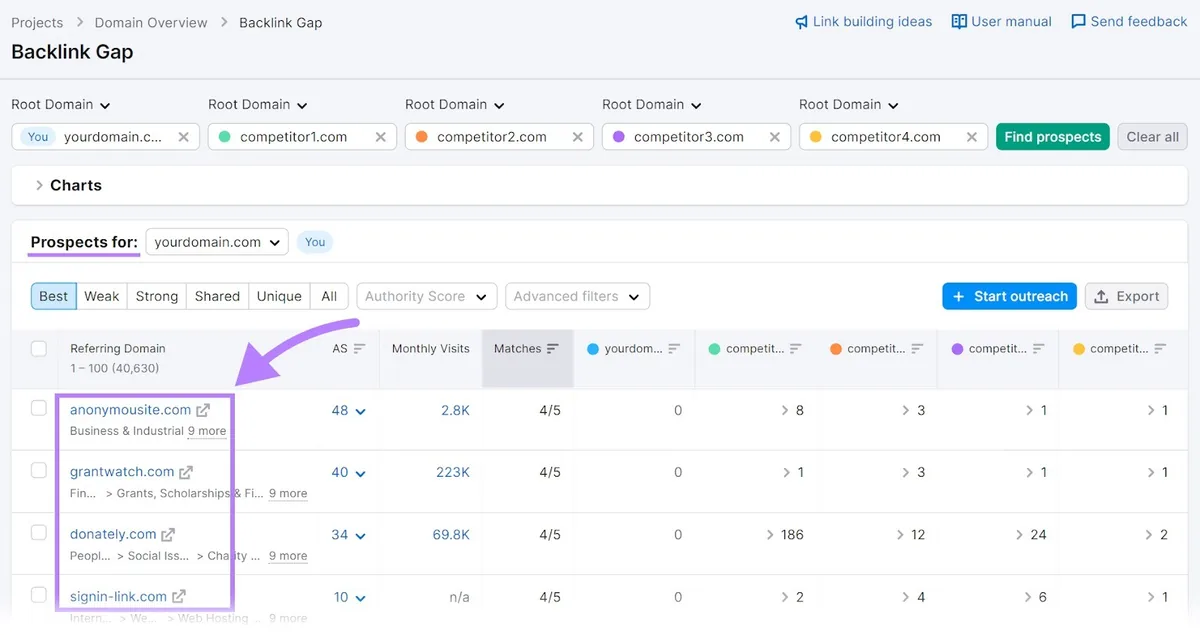 Backlink Gap 工具中的反向链接机会列表