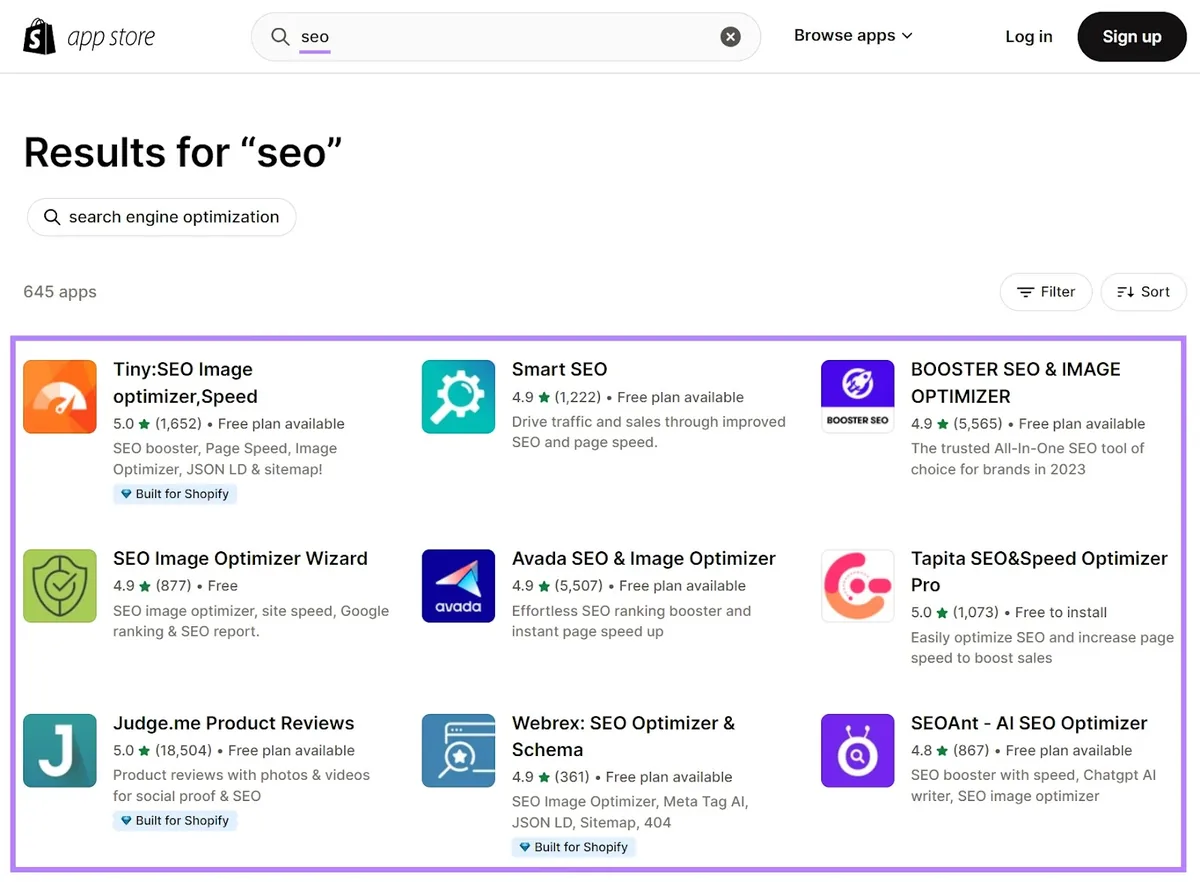 Shopify App Store 中“seo”的结果