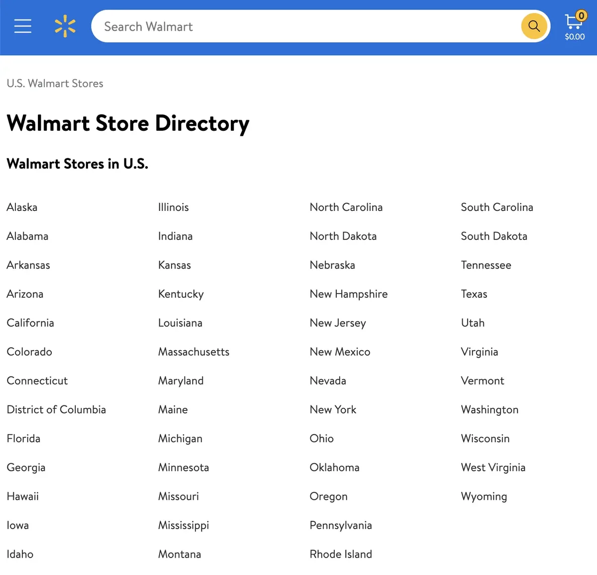 Walmart 的门店目录,通过将门店位置整理到单个可浏览页面中,充当 HTML 站点地图。