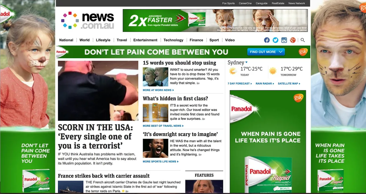 “news.com.au”主页,显示五个广告。