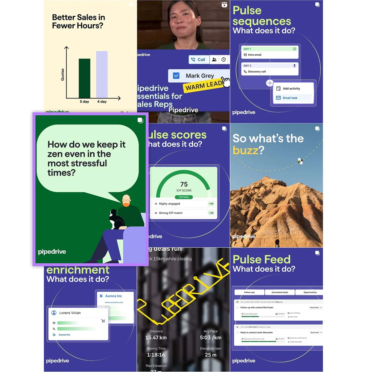 Instagram 信息流网格展示多个 Pipedrive 帖子,包含图表、问题和产品功能。