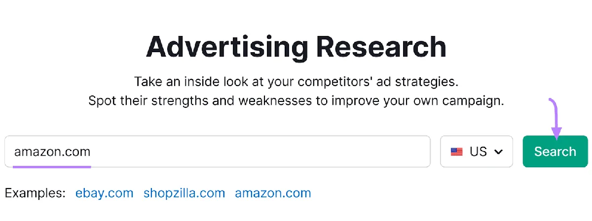Semrush 仪表盘显示“Advertising Research”，搜索栏输入“amazon.com”，搜索按钮高亮。