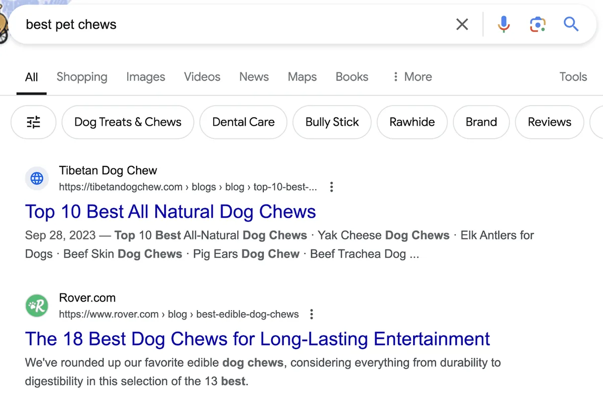 “best pet chews”的搜索结果页面,“Tibetan Dog Chew”和“Rover”排名居前