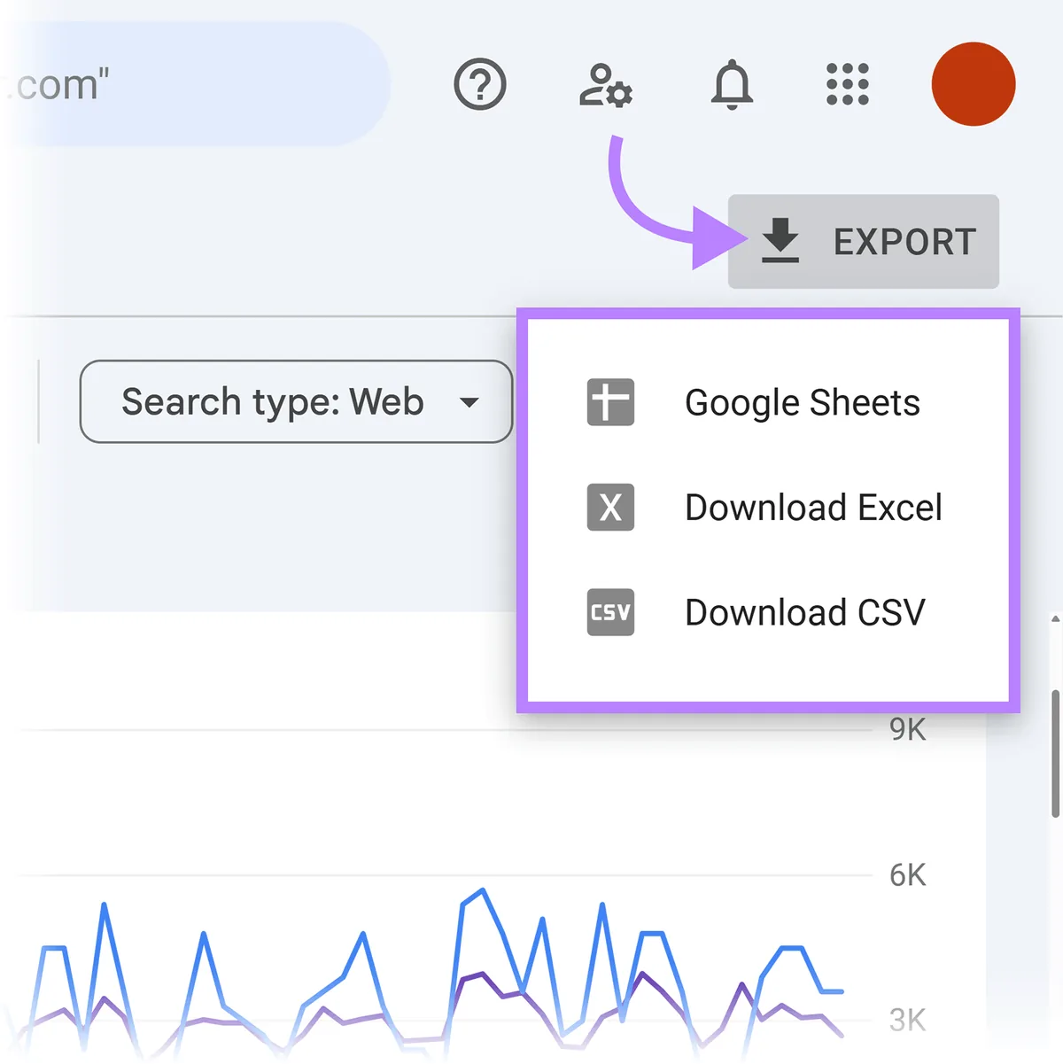 在 Search Console 中点击“导出”按钮，显示 Google Sheets、Excel 和 CSV 选项。