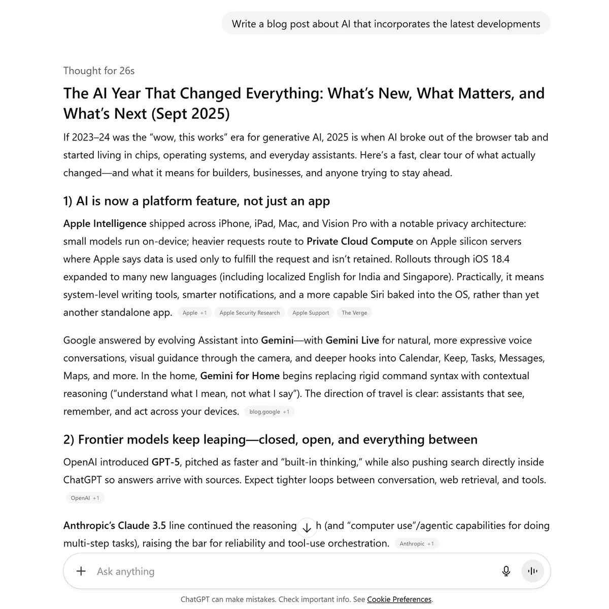ChatGPT 起草一篇有关 AI 更新的博客文章,概述平台功能和模型等板块