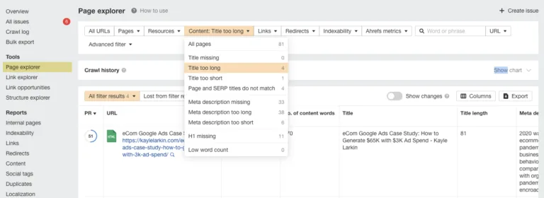 Ahrefs 的 Page Explorer 报告中