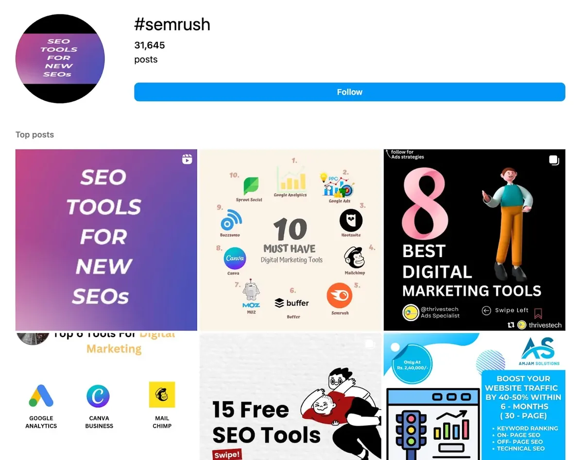 展示使用 #semrush 标签帖子的 Instagram 页面