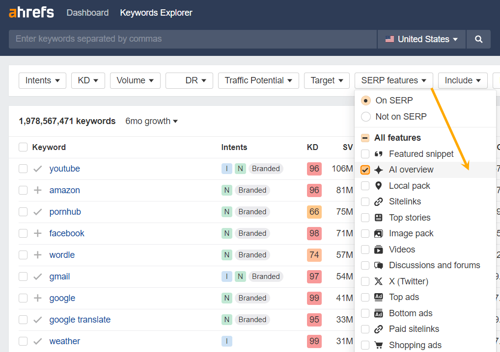 Keywords Explorer 中的 Ahrefs AI Overview 筛选器