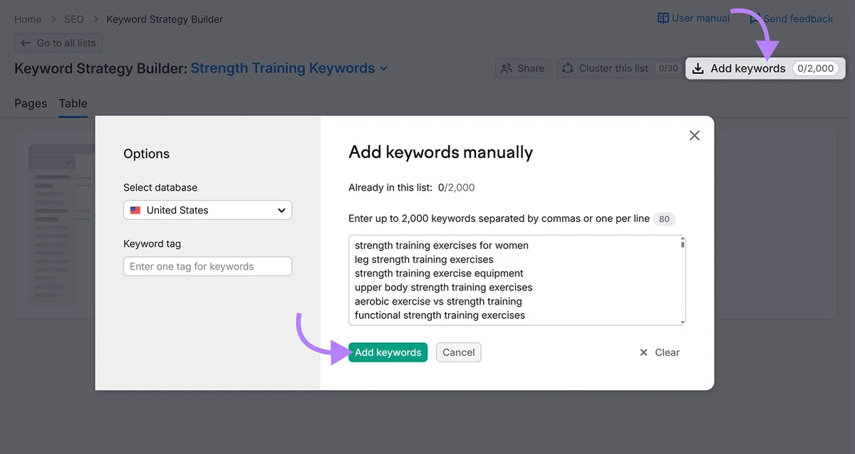 手动添加关键词窗口,显示已输入关键词的文本框,箭头指向“Add keywords”按钮。
