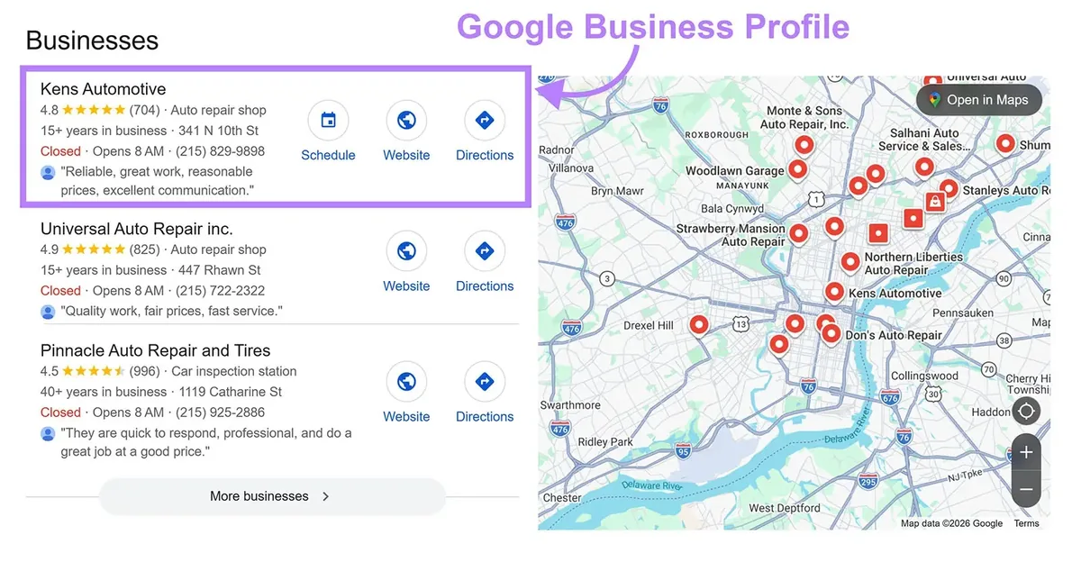 在本地商家包结果中突出显示的 Google Business Profile。