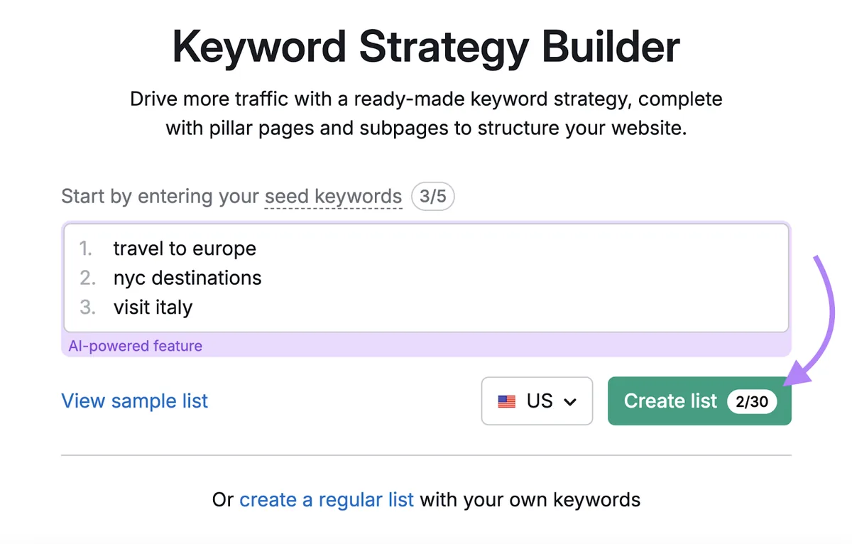 在 Keyword Strategy Builder 中输入的关键词