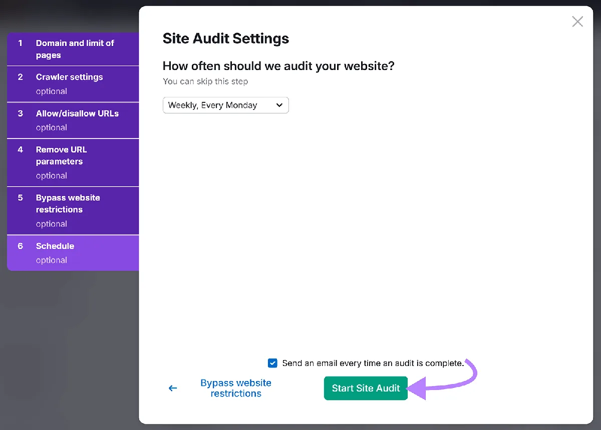 Site Audit Settings 配置弹窗,箭头指向 Start Site Audit 按钮