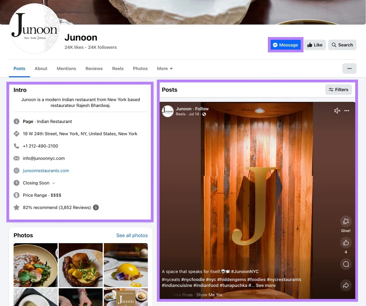 一个 Facebook 商家主页,左侧为商家信息,右侧为“Posts”,顶部有向商家发消息的选项。