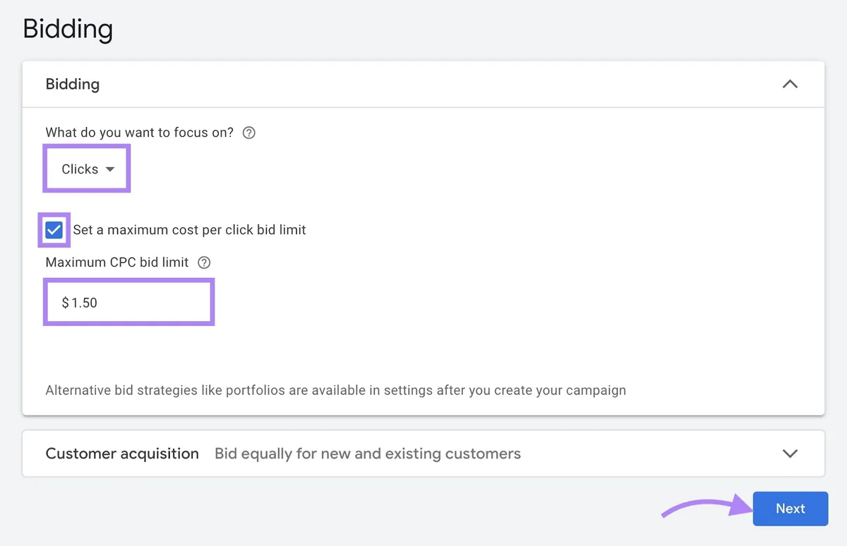 Google Ads 的出价设置页面,选中“Clicks”,设置最高 CPC 出价上限并点击“Next”。