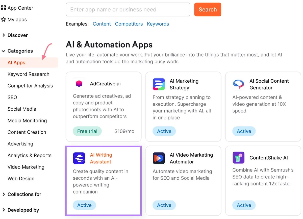 Semrush App Center 界面聚焦“AI & Automation Apps”，突出显示“AI Writing Assistant”选项。
