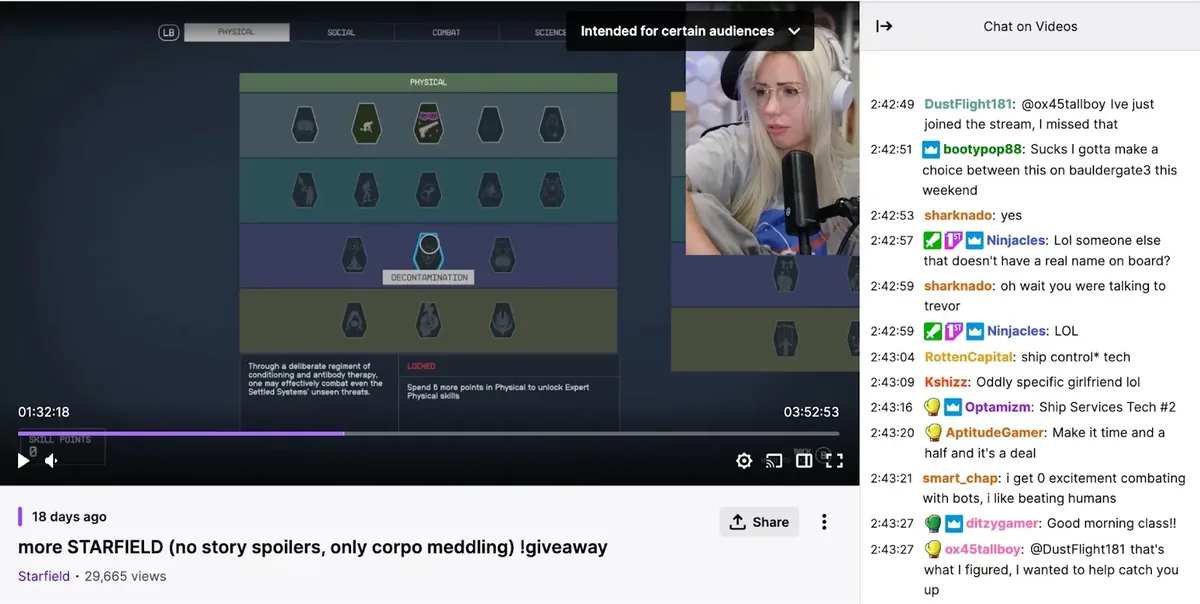 Alanah Pierce 在 Twitch 上的游戏视频,聊天区已打开